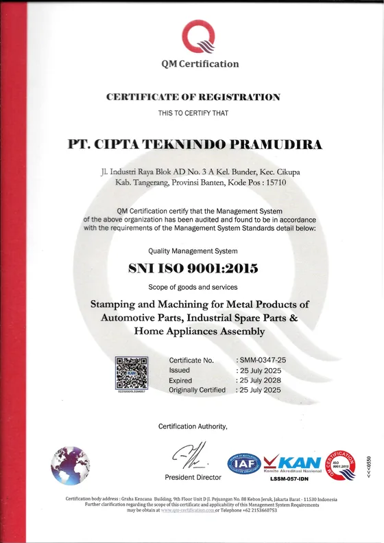 Sertifikat SNI ISO 9001:2015 dari QM Certification